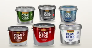 Anciens produits Jotun : Demidekk Oljetäckfärg, Strukturlasyr, Terrasslasyr, Helmatt, Brilliant White et Ultimate Vindu