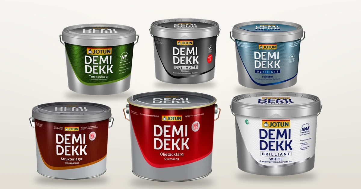 Anciens produits Jotun : Demidekk Oljetäckfärg, Strukturlasyr, Terrasslasyr, Helmatt, Brilliant White et Ultimate Vindu